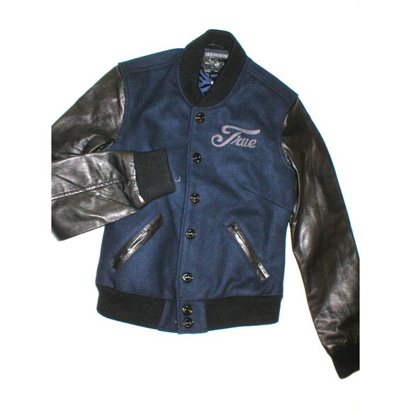 New Womens True Religion Varsity Leather Jacket XS Dark Navy Blue Black Logo - Picture 3 of 8